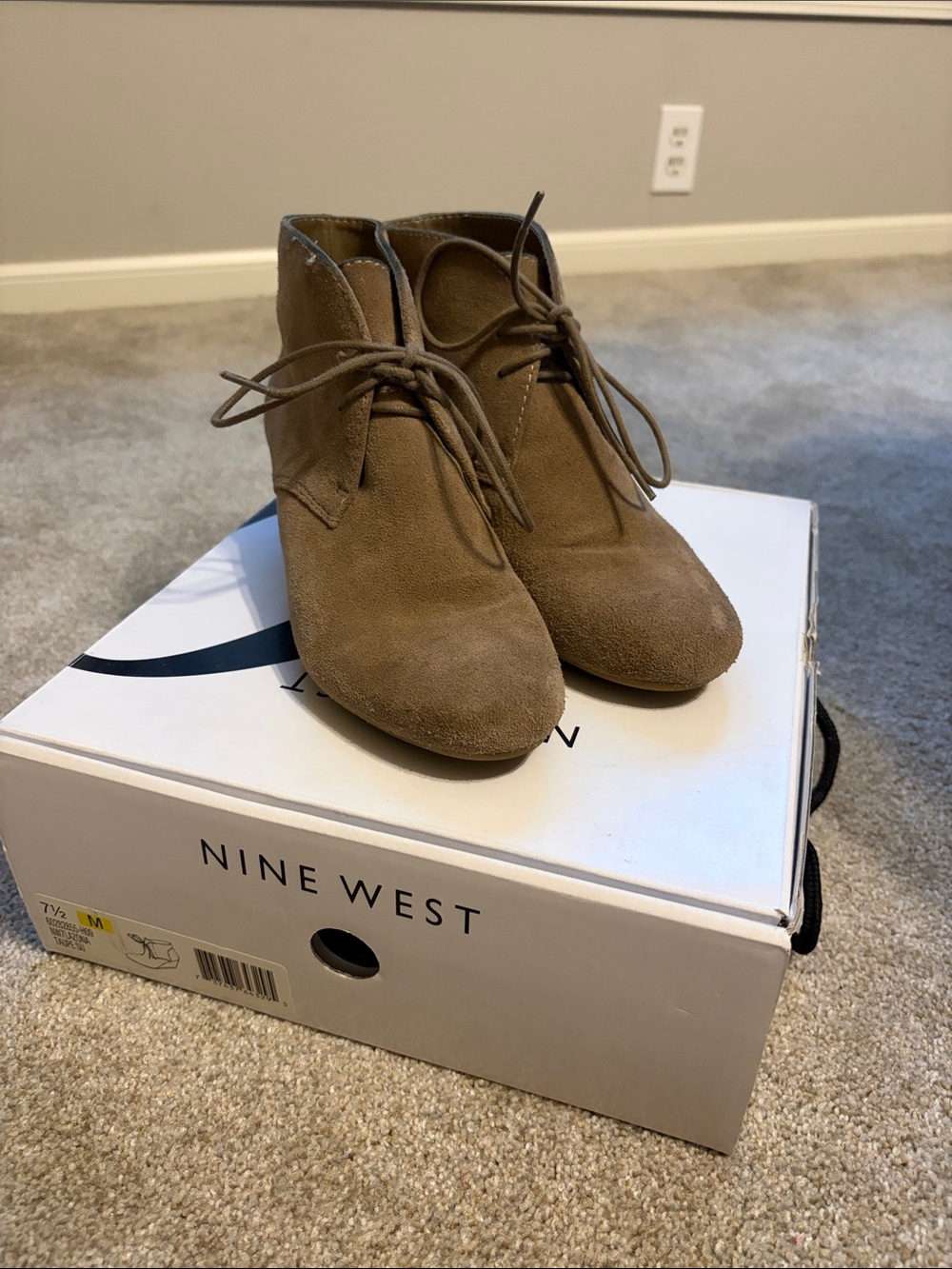 Nine West Taupe Suede Lace-Up Ankle Booties